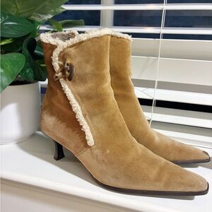 Stuart Weitzman Boho Chic Tan Suede shearling Heeled Booties